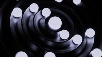 Glowing 3d balls move in rings. Design. Rotating 3d balls in spiral rings. Glowing balls move in orbits in disks video