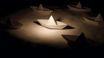 Dark background with orange and purple light. Design. Water on which there are paper boats in animation. video