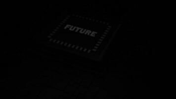 Futuristic chip with moving neon energy lines. Design. Chip with word future starts computer. New futuristic computer-style board with neon lines video
