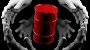 philosophisch Hintergrund Über das Umfeld. Design. ein schwarz Hintergrund auf welche Weiß Hände und schädlich chemisch Elemente sind abgebildet im Fässer im Animation. video