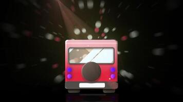 Cartoon bus moving on black background. Motion. Animation of bus running on background of stream of balls and darkness. Bus rides in center with stream of balls and beam of light on black background video