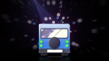 Cartoon bus moving on black background. Motion. Animation of bus running on background of stream of balls and darkness. Bus rides in center with stream of balls and beam of light on black background video