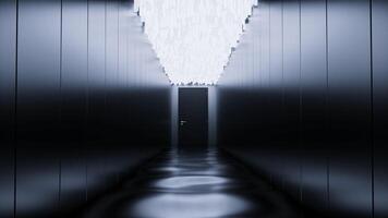 Dream during sleep with dark scary surreal corridor with a door at the end. Design. View inside the abstract building. video