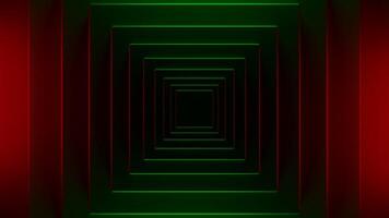 Green and purple backlighting made in computer graphics. Design. A dark background with a square outline on which bright rays of light fall and rotate in a circle. video