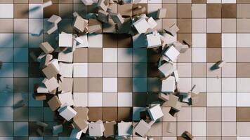 Abstract mosaic tile wall with flying 3D mosaic tiles from the inside of the wall. Design. Rectangular particles creating a circle shape and spreading all over the screen. video