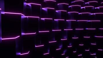 Rows of squares with neon lines are moving in stream. Design. 3D cubes move in wave flow. Black squares with neon lines move in wave video