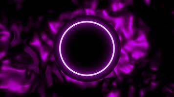 Abstract dark circle surrounded by neon narrow ring. Design. Fluid pink background and a circle in the middle. video