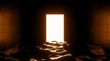 The basement is filled with water with a bright window. Design. Blue and orange illumination with a black room and water and a light empty space made in abstraction. video