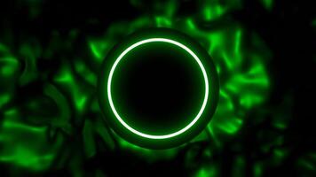 Black hole with neon circle on liquid background. Design. Abstract animation with circle and neon ring on background of moving liquid. Black circle and neon ring on background of moving liquid texture video