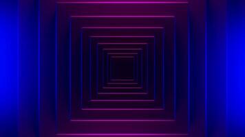 Green and purple backlighting made in computer graphics. Design. A dark background with a square outline on which bright rays of light fall and rotate in a circle. video