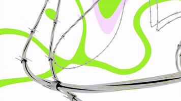 Colorful abstraction with stains and a barbed wire. Design. Curved metal wire with thorns with green pattern on a white background. video
