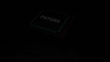 Blue and pink backlit square. Design.Dark background with a square on which the future is written in the animation breaks the floor. video