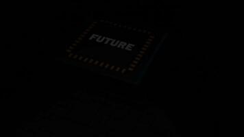 3d chip with neon nets. Design. 3D chip runs computer's software networks. Chip labeled Future Launches new neural network system video