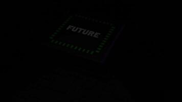 3d chip with neon nets. Design. 3D chip runs computer's software networks. Chip labeled Future Launches new neural network system video