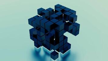 Blue self-disassembling Rubik's cube. Design.A blue background in animation with a few squares that spread out and assemble like a rubik's cube. video