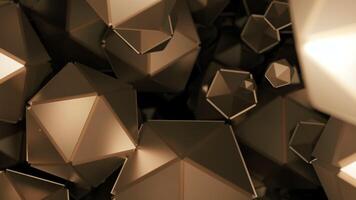 Space with many polygonal shapes. Design. Polygonal geometric shapes move in stream on black background. Lots of geometric 3d shapes in flow video