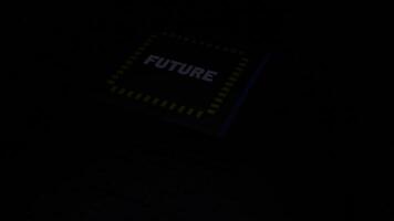 Blue and pink backlit square. Design.Dark background with a square on which the future is written in the animation breaks the floor. video