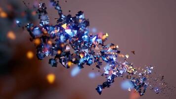 Abstract stream of shiny particles on a brown background. Design. Mirrored flying pieces of glass flying and glowing. video