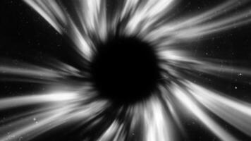 Black background with a portal. Motion. A bright portal with blue and white light, located as if in space and from which bright pieces of light scatter in 3D format. video