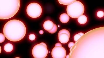 Glowing 3d balls move in dark space. Design. Warm glowing balls move on background of dark space. Glowing bright balls move in stream video