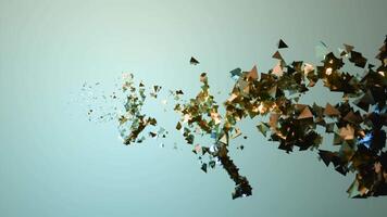 Abstract stream of shiny particles on a blue background. Design. Mirrored golden flying pieces of glass flying and glowing. video