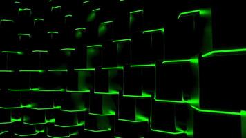 Rows of squares with neon lines are moving in stream. Motion. 3D cubes move in wave flow. Black squares with neon lines move in wave video