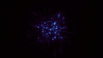 Explosive flow of luminous particles in space. Motion. Stream of luminous particles gathers at point before explosion. Flow of particles before explosion in space video
