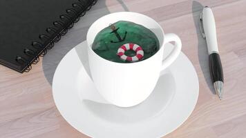 A white mug standing on the desktop. Design. An interesting still life made in animation where water is poured in a mug, a red lifeline and a black anchor. video