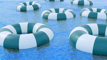 Elemente von Rettung im das Wasser. Design. ein Ruhe Meer mit klein Rettungsringe ist gemacht im Computer Grafik. video