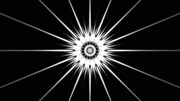 Kaleidoscopic pattern with flashing rays. Motion. Round pattern in center with flashing bright rays on black background. Animated pattern with circles and long flashing ray video