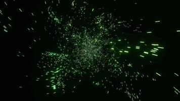 Dark background. Motion.Green flying particles in cartoon animation that create space revolving around. video