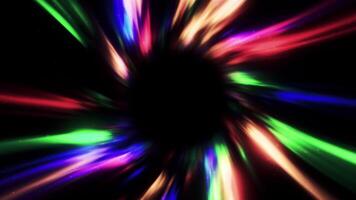 Colorful luminous flow in space. Motion. Colorful spots move in stream on black background. Colorful luminous flux in hyper tunnel video