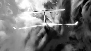 Flight. Design. Clouds of bright light smoke in which a small plane flies gently swaying in different directions in a cartoon animation. video