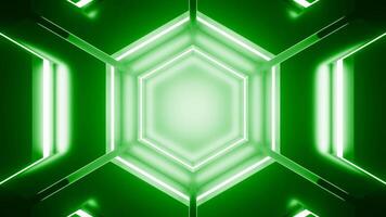 Hexagonal pattern with flashing neon lines. Design. Neon lines in geometric pattern. Geometric technological pattern with neon lines moving in futuristic style video