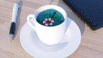 A white mug standing on the desktop. Design. An interesting still life made in animation where water is poured in a mug, a red lifeline and a black anchor. video