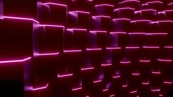 Rows of squares with neon lines are moving in stream. Design. 3D cubes move in wave flow. Black squares with neon lines move in wave video