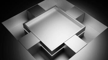 3D abstraction with cubes moving around the figure on a black background. Design. Concept of geometry. video