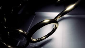 Golden flying rings. Design. Dark background in abstraction with gold circles rotating at a fast speed. video