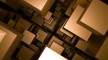 Gray and orange background. Design. Squares of different sizes that make up the corridor in animation with bright light. video