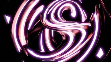 Rotating abstract ball with curved neon lines. Design. Futuristic structure rotates with neon curves shedding on black background. Abstract ball of curved lines and glowing neon video