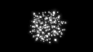 Stream of moving shimmering particles from point. Motion. Slow explosion with crystal particles shining on black background. Crystal molecules propagating from point in space video