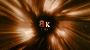 Animation with 8K sign. Motion. Luminous round stream of rays with 8K sign in center. Animation for showing quality in 8K resolution video