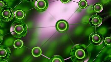 Green and gray background. Design. Connected molecules with a nucleus that move in different directions in abstraction. video