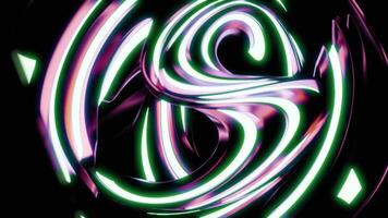 Abstract rotating figure with neon lines. Design. 3D figure made of curves and neon lines rotates in space. Abstract futuristic figure with neon lines rotates in dark video