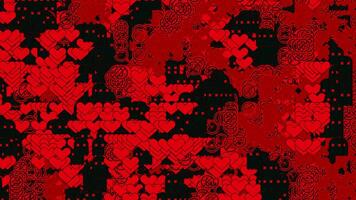 Black and red retro surface with tiny shimmering hearts. Design. Many pixelated blinking colorful heart shapes. video