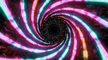 Rotating cyber tunnel with neon lines. Design. Rotating spiral of neon lines in tunnel. Movement in biological cyber tunnel with neon lines video