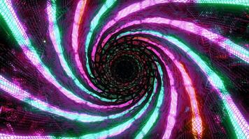 Abstract rotating neon colorful disco tunnel. Design. Led light lamps creating effect of tornado on a black background. video