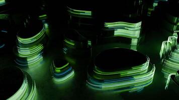 Black 3D formations with its edges covered by green neon flowing stripes. Design. Colorful lines running fast. video
