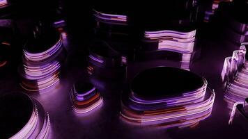 Oval 3d shapes on surface. Design. Dark 3d shapes on surface with neon lines. Shapes with moving holographic lines on surface video