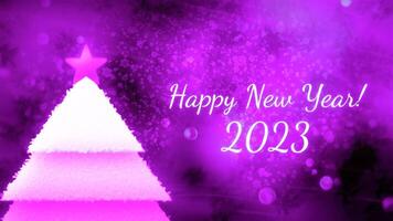 Blue and purple background made in cartoon abstraction. Motion. Bright New Year greetings with the coming year 2023 with Christmas trees and lighting. video